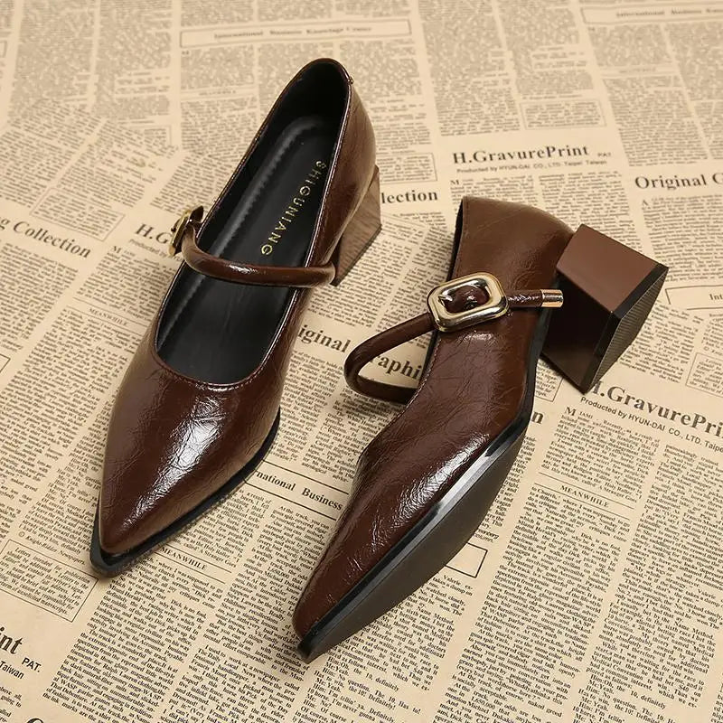 Retro Belt Buckle Leather Shoes for Women - Pointed Toe, Mid-Length, Comfortable Slip-On Flats