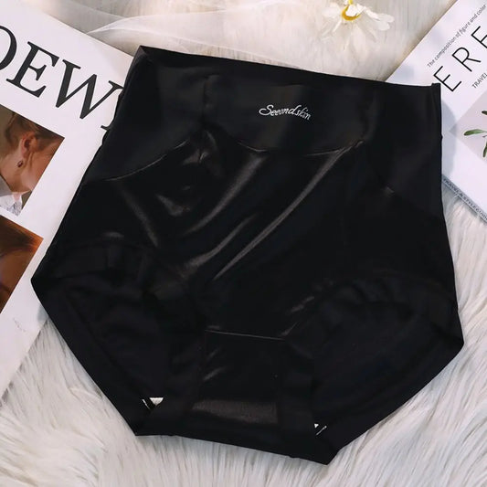 Retro High-Waist Silk Panties - Traceless Solid Color Satin Briefs for Women, Plus-Size Korean Underwear