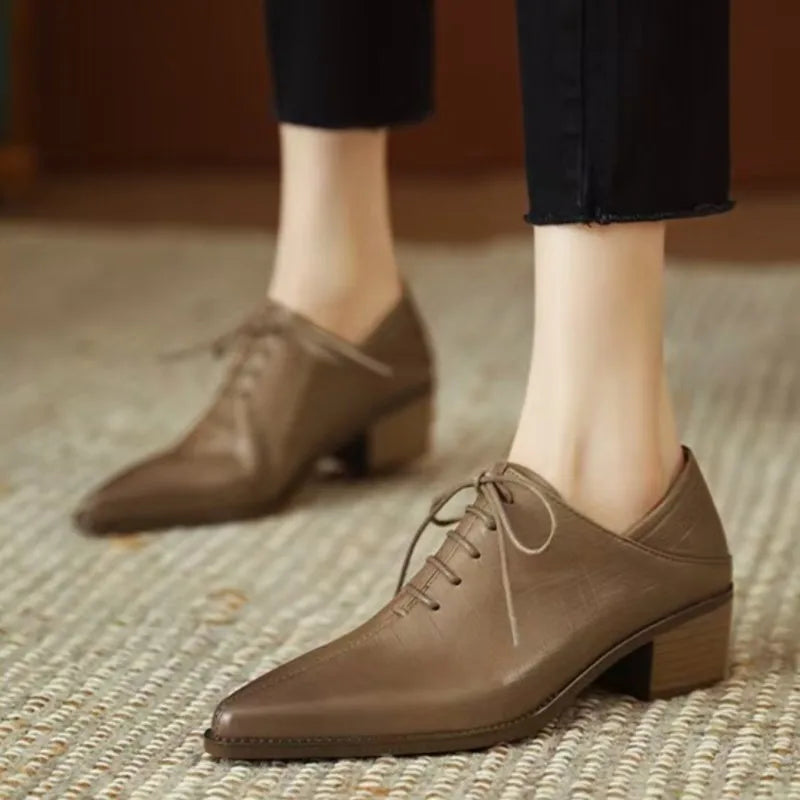 Genuine Leather Lace-Up Pumps for Women – Pointed Toe, Mid-Heel Office Shoes