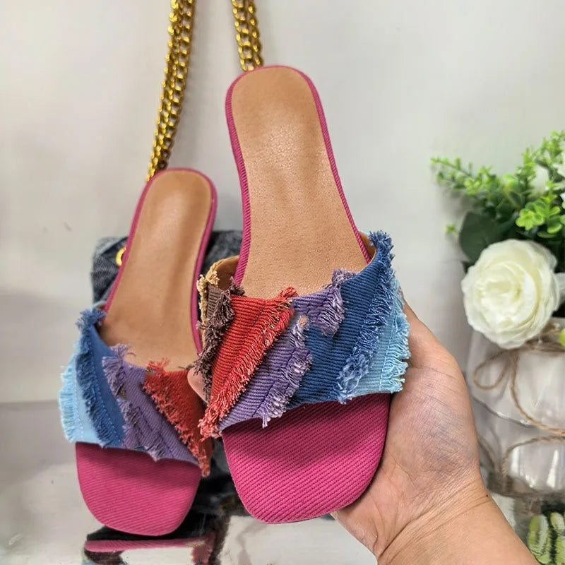 Women’s Rhinestone Flat Slippers - Peep Toe Square Toe Slip-On Sandals with Metal Decoration