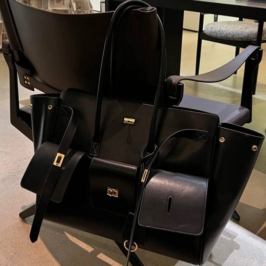 Velvara EliteLock Tote - Premium Leather & Suede Winged Shoulder Bag with Metallic Lock Accents