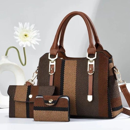 Summer Trio Elegance Set - Striped Tote, Wallet & Crossbody Combo for Women