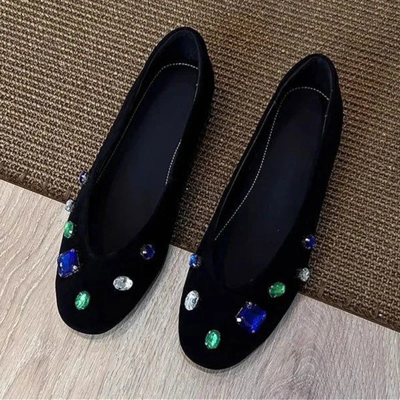 Luxury Colorful Gemstone Flats - Comfortable Round-Toe Suede Loafers for Women