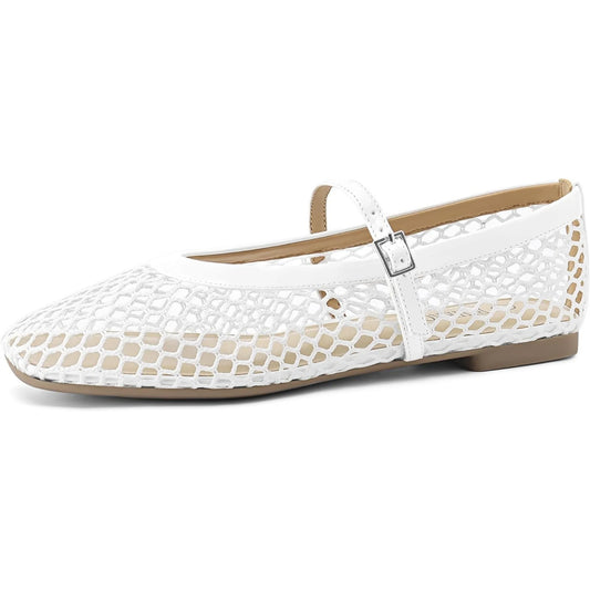 Women’s Mesh Ballet Flats - Comfortable Square-Toe Ballerinas with Buckle Strap