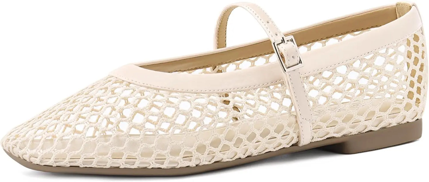 Women’s Mesh Ballet Flats - Comfortable Square-Toe Ballerinas with Buckle Strap