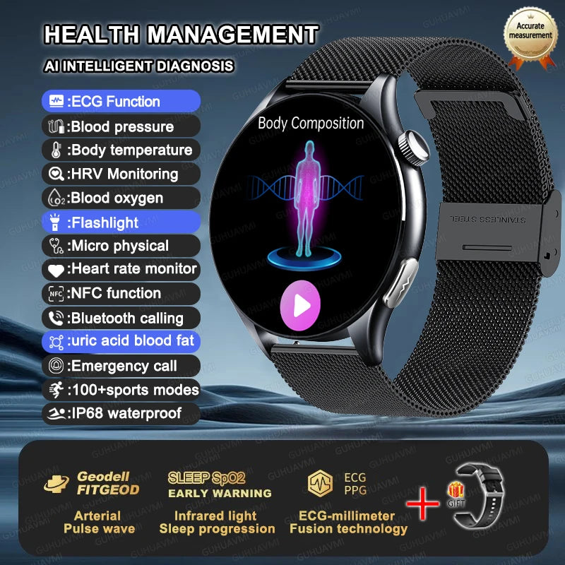Premium NFC Health Smartwatch - ECG & PPG Monitoring, Blood Pressure, Blood Oxygen, Uric Acid Analysis, Men & Women