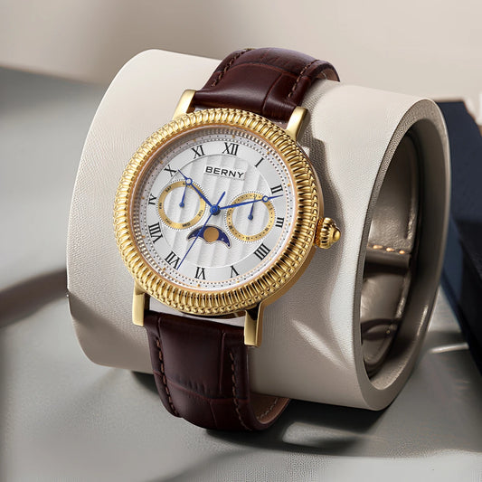 BERNY Men’s Luxury Dress Watch - Gold Quartz Moon Phase Timepiece, Sapphire Crystal, Business & Formal Wristwatch