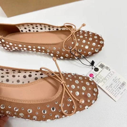 Luxury Rhinestone Ballet Flats - Breathable Mesh Shoes with Bling Bowtie