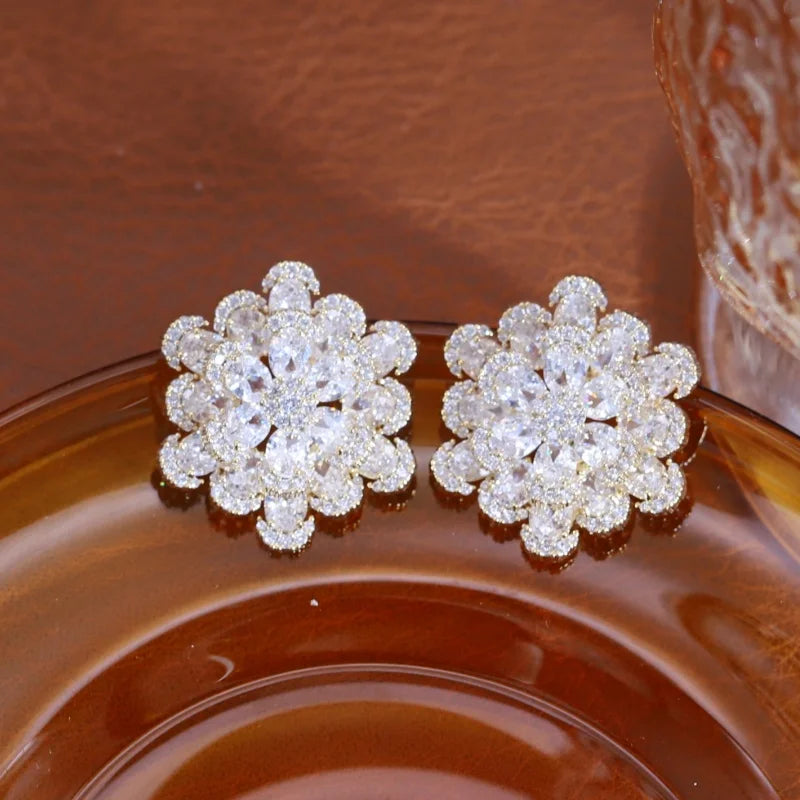 Korean 14K Gold Plated Zircon Flower Earrings - Luxury Elegant Jewelry for Women, Perfect for Weddings & Parties