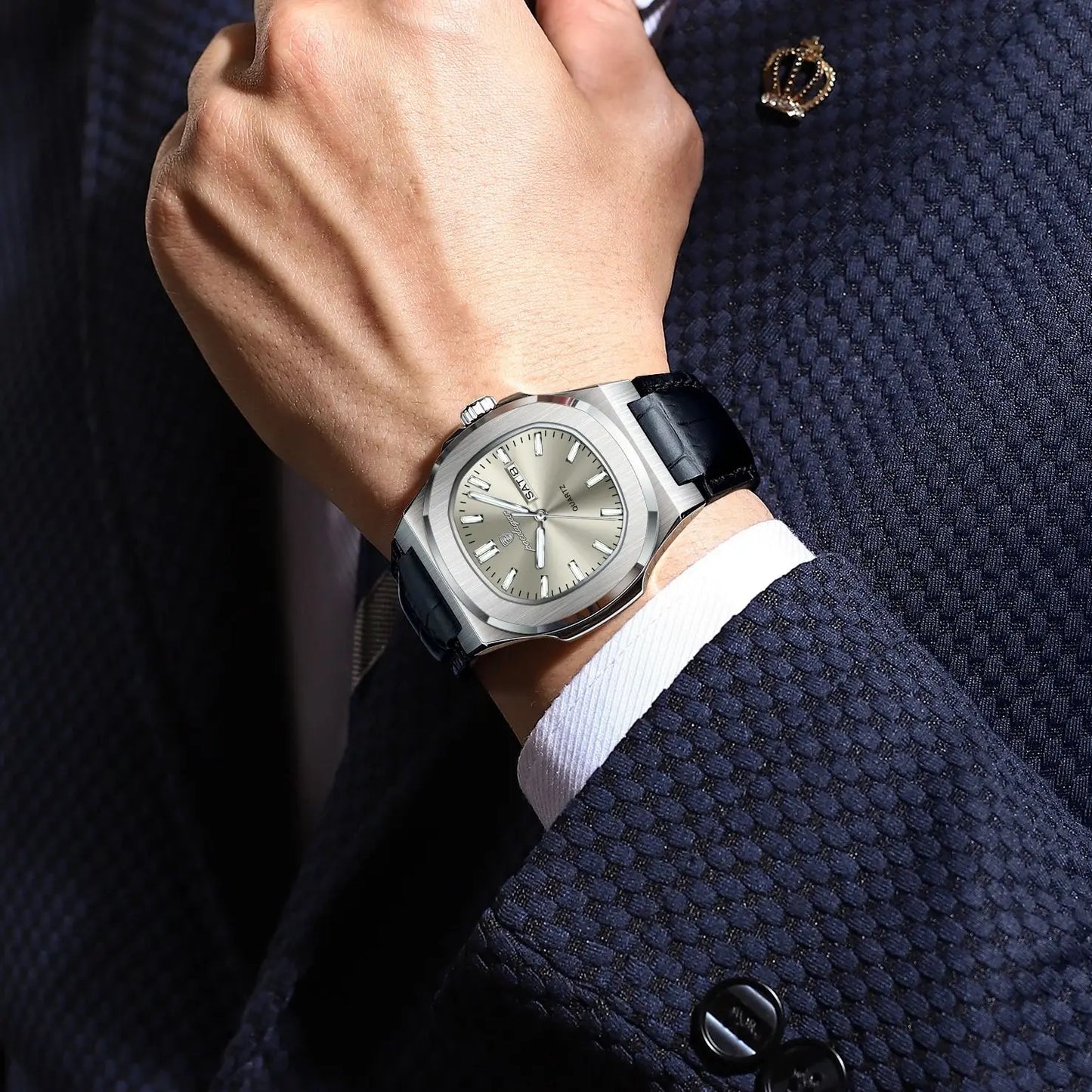 POEDAGAR Men’s Luxury Quartz Watch - Luminous Square Timepiece, Waterproof Week Calendar, Premium Leather Strap