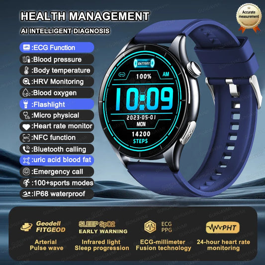 Premium NFC Health Smartwatch - ECG & PPG Monitoring, Blood Pressure, Blood Oxygen, Uric Acid Analysis, Men & Women