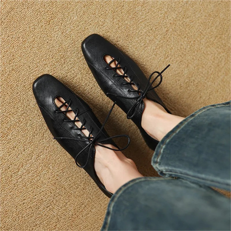 Women’s Genuine Leather Pumps - Square Toe, Low Thick Heels, Lace-Up Office & Casual Shoes