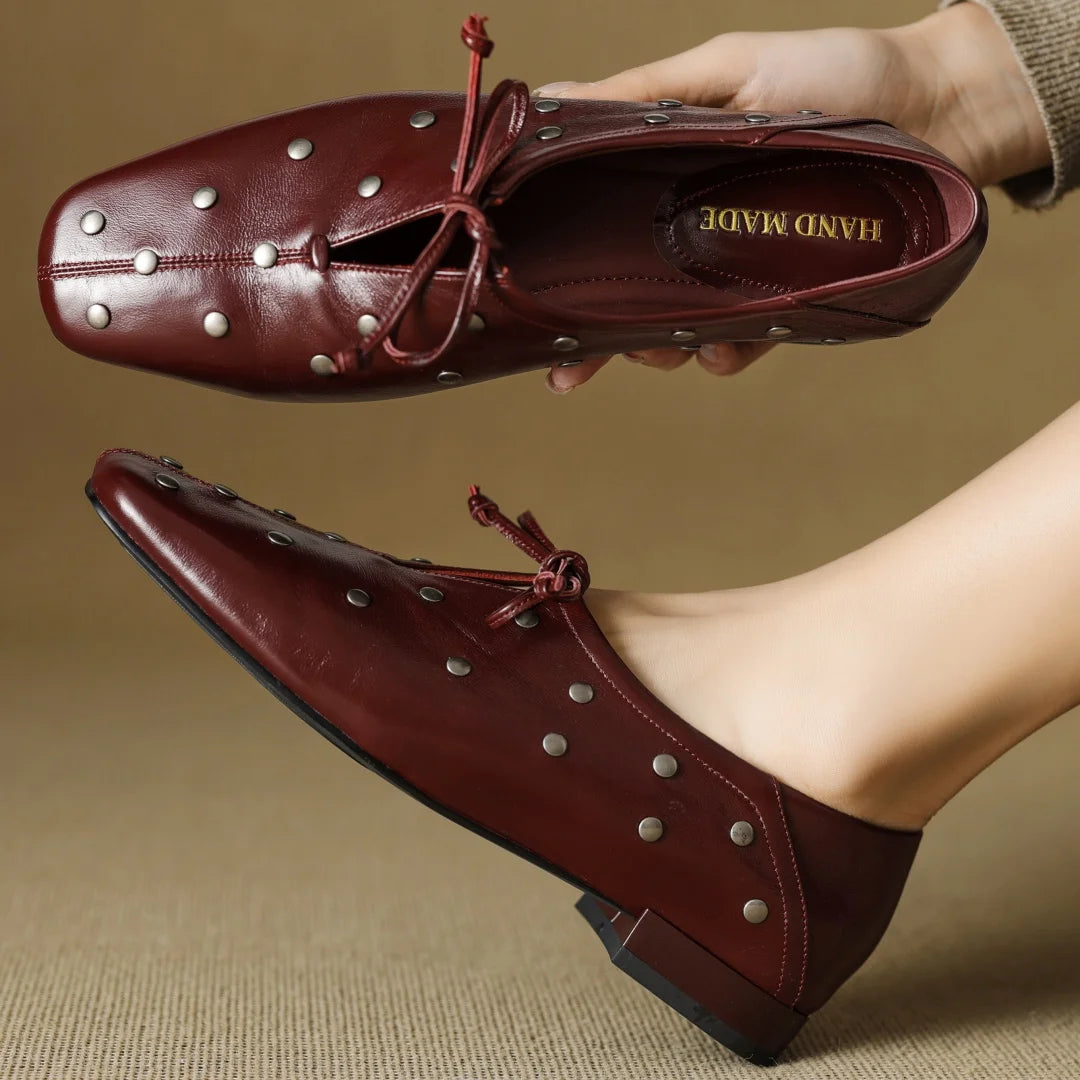 Women’s Cow Leather Lace-Up Flats - High-Quality Oxford Espadrilles with Rivet Detail