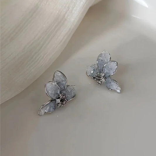 Silver Crystal Flower & Butterfly Stud Earrings - Elegant Luxury Jewelry for Women, Perfect for Weddings