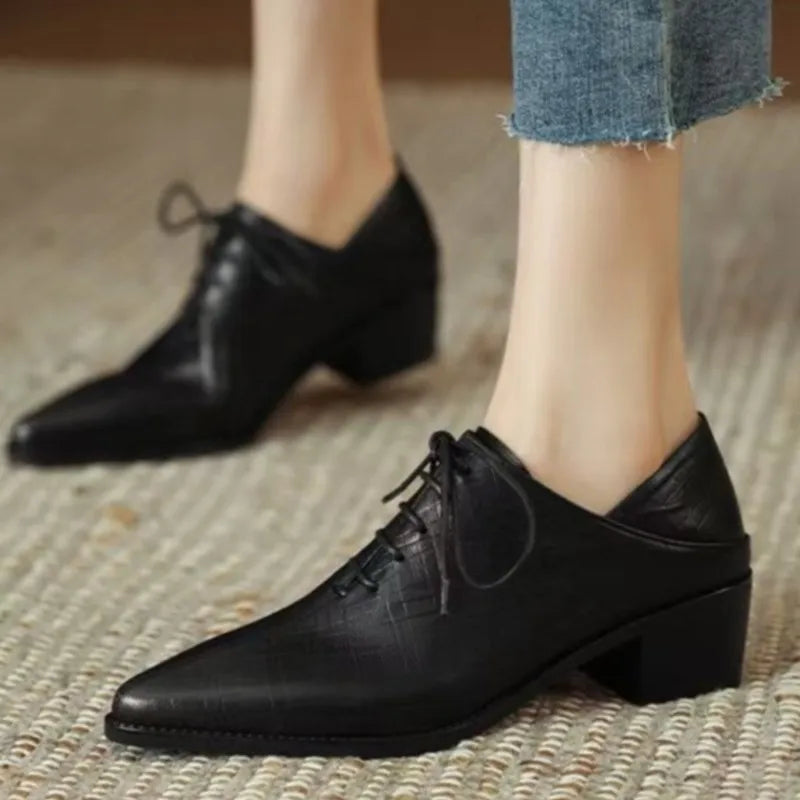 Genuine Leather Lace-Up Pumps for Women – Pointed Toe, Mid-Heel Office Shoes