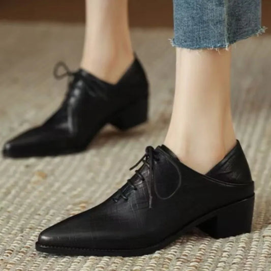 Genuine Leather Lace-Up Pumps for Women – Pointed Toe, Mid-Heel Office Shoes