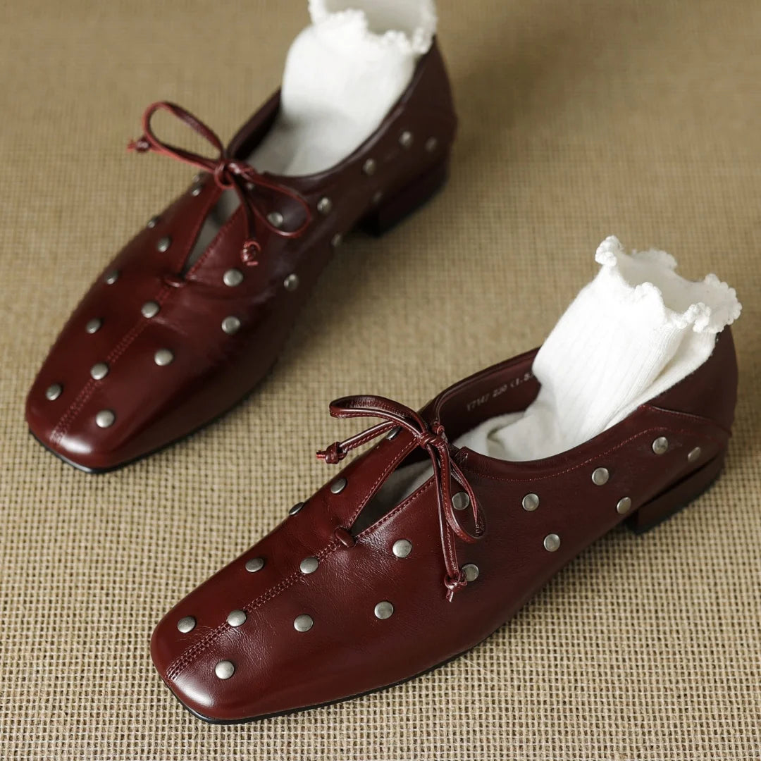 Women’s Cow Leather Lace-Up Flats - High-Quality Oxford Espadrilles with Rivet Detail