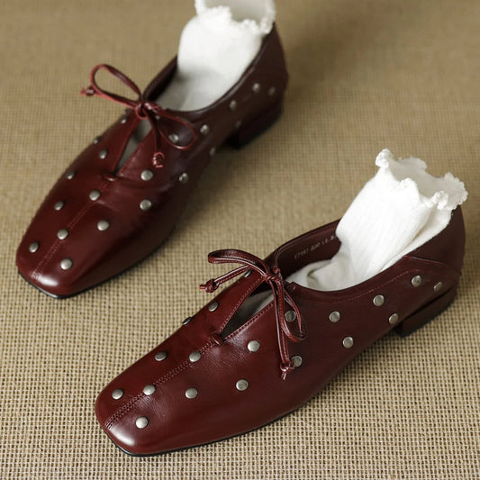 Women’s Cow Leather Lace-Up Flats - High-Quality Oxford Espadrilles with Rivet Detail