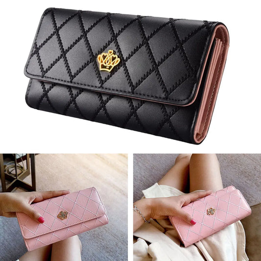 Black Diamond Pattern Long Wallet for Women - PU Leather Crown Buckle Clutch with Card Holder & Phone Pocket