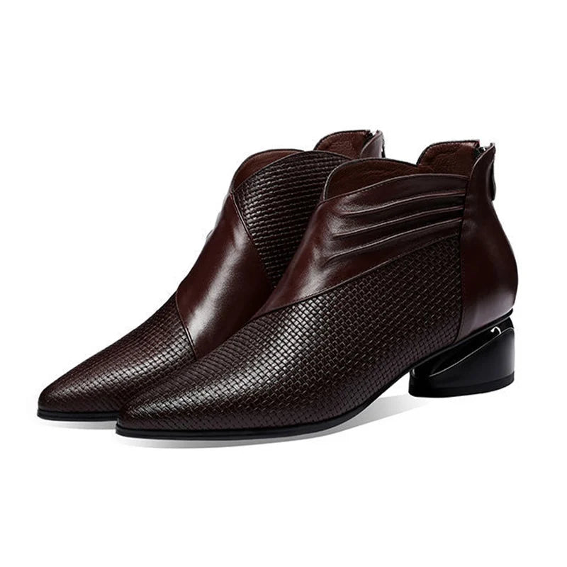 Luxury Women’s Leather Ankle Boots - Pointed Toe Low Heel Sneakers for Autumn Office & Casual Wear