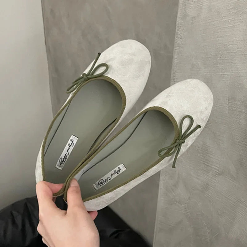 Silver Women’s Slip-On Ballet Flats - Round Toe Shallow Shoes with Butterfly-Knot Detail