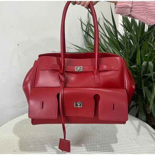 Velvara EliteLock Tote - Premium Leather & Suede Winged Shoulder Bag with Metallic Lock Accents