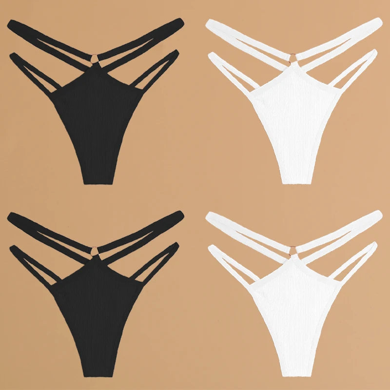4-Piece Cotton Double-Strap Thong Set - Low-Waist Striped Panties for Women