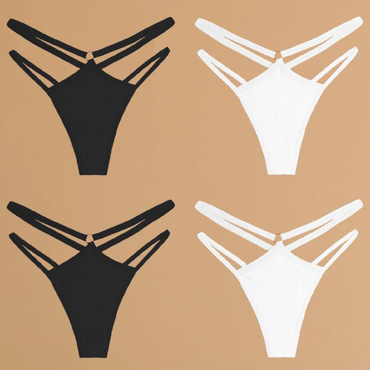 4-Piece Cotton Double-Strap Thong Set - Low-Waist Striped Panties for Women