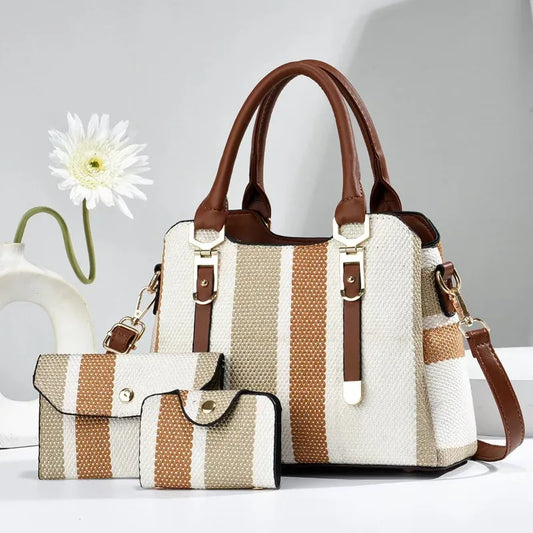 Summer Trio Elegance Set - Striped Tote, Wallet & Crossbody Combo for Women
