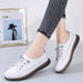 Natural Genuine Leather Flat Casual Shoes - White Lace-Up Ballet & Court Flats for Women