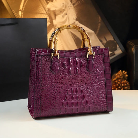 Verona Croc-Embossed Tote with Bamboo Handle - Elegant Shoulder Handbag for Women