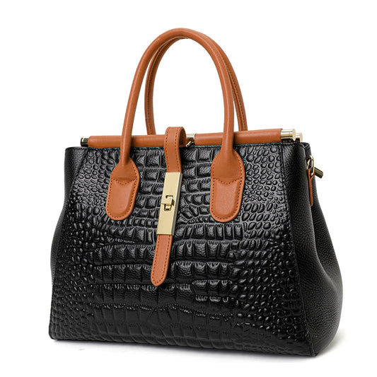 Luxury Crocodile Pattern Cowhide Handbag - Trendy Large-Capacity Women's Shoulder Bag