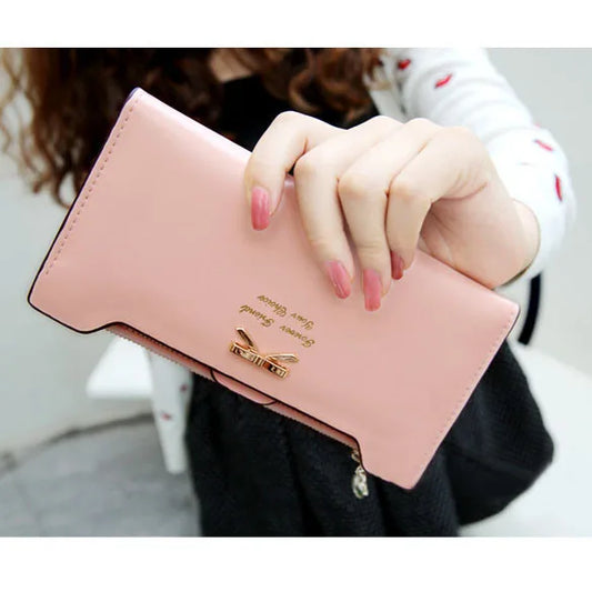 Cute Bowknot Long Wallet - PU Leather Zipper Clutch with Multi-Card Slots & Phone Pocket