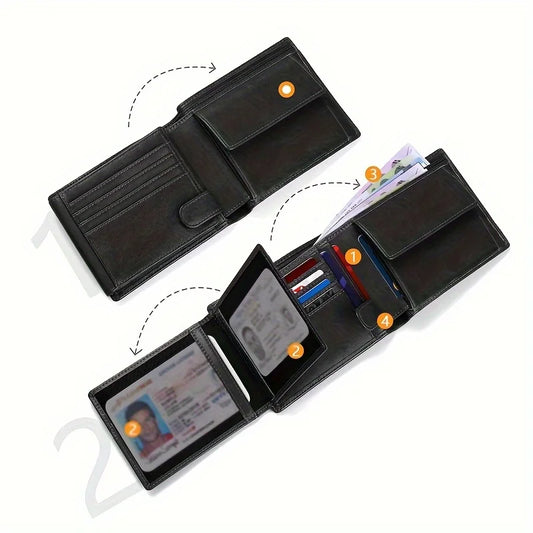 YatBest Men’s RFID Anti-Theft Trifold Wallet | Large-Capacity Brush Leather Wallet & Credit Card Holder