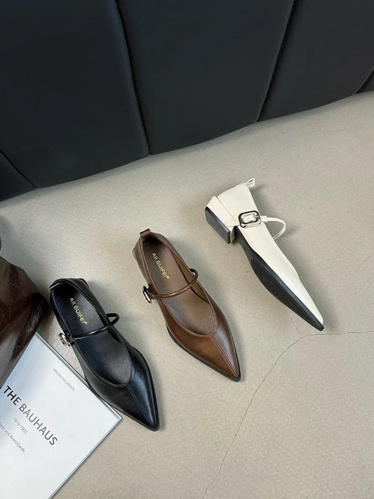 Women’s Pointed Toe Loafers - Casual Slip-On Mules with Belt Buckle, Low Flat Heels