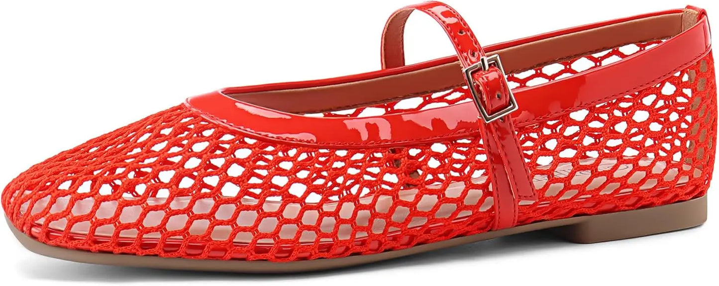 Women’s Mesh Ballet Flats - Comfortable Square-Toe Ballerinas with Buckle Strap