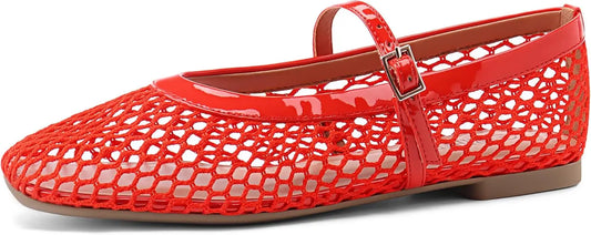 Women’s Mesh Ballet Flats - Comfortable Square-Toe Ballerinas with Buckle Strap