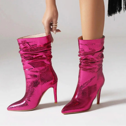 Luxury Women’s Silver Metallic Platform Boots - Glitter Stiletto High Heels, Pointed Toe Designer Shoes