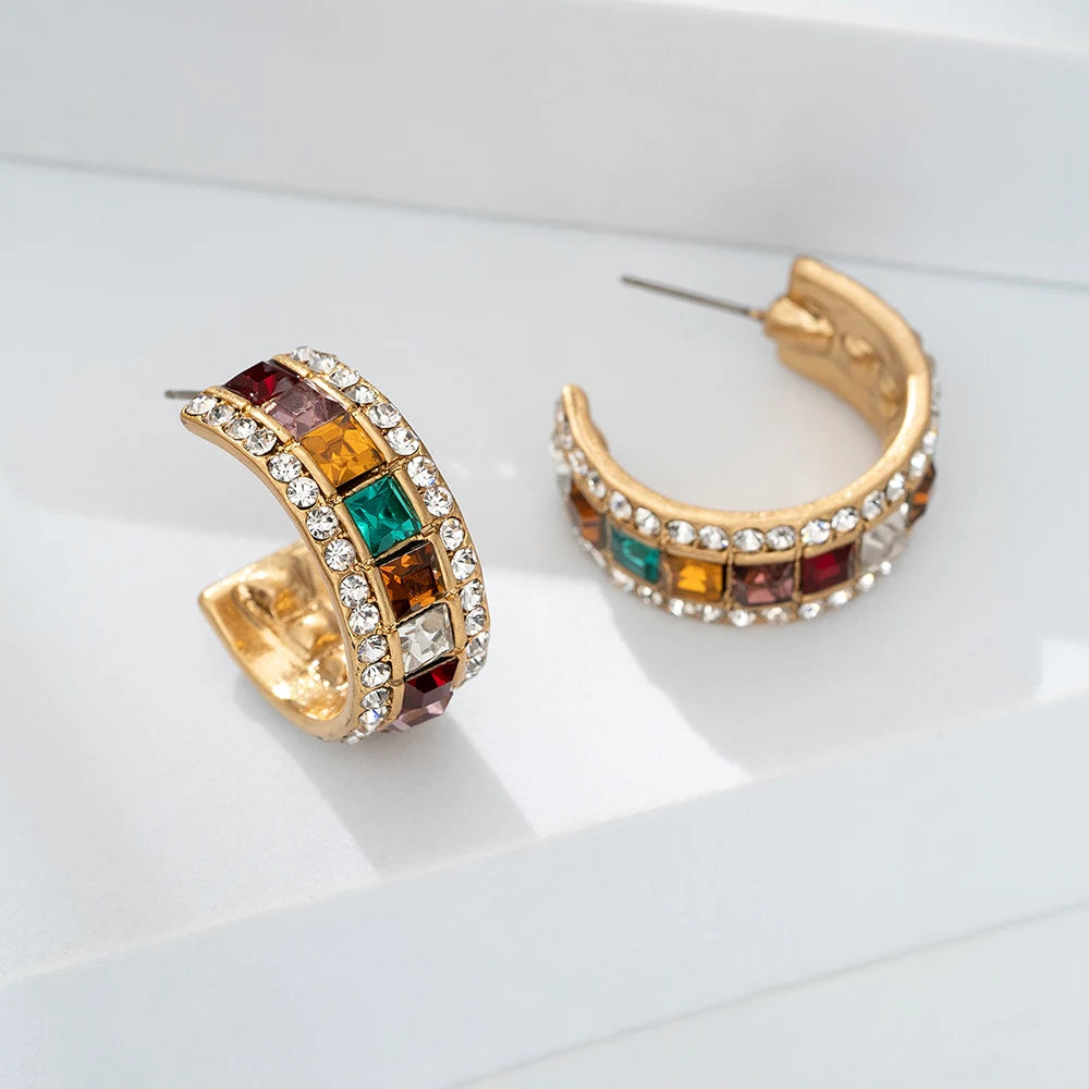 C-Shaped Colorful Zircon Hoop Earrings - Luxury Crystal Geometric Jewelry for Women