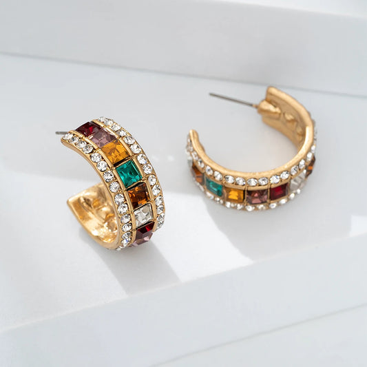 C-Shaped Colorful Zircon Hoop Earrings - Luxury Crystal Geometric Jewelry for Women