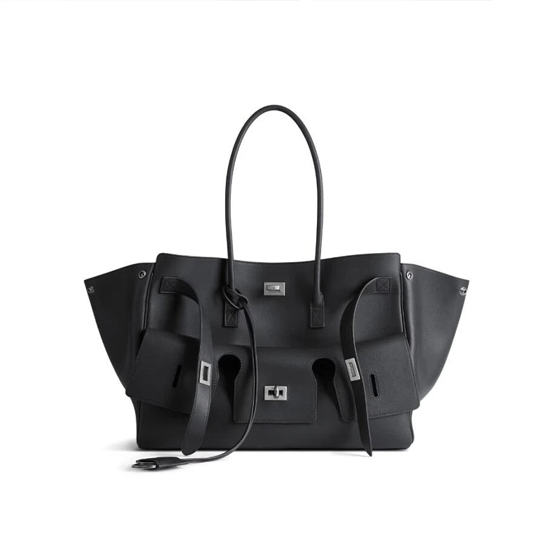 Velvara EliteLock Tote - Premium Leather & Suede Winged Shoulder Bag with Metallic Lock Accents