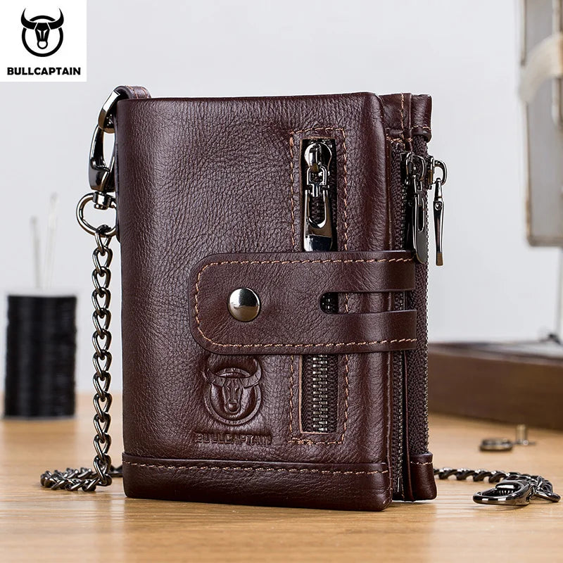 Bullcaptain Men’s Genuine Leather Wallet | RFID-Blocking Travel Purse & Credit Card Holder with Chain