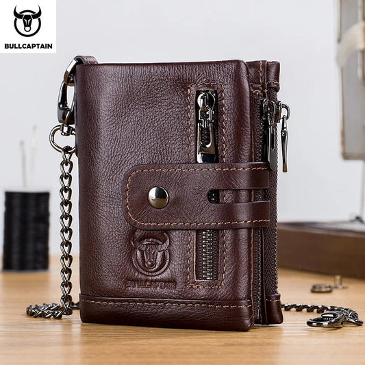 Bullcaptain Men’s Genuine Leather Wallet | RFID-Blocking Travel Purse & Credit Card Holder with Chain