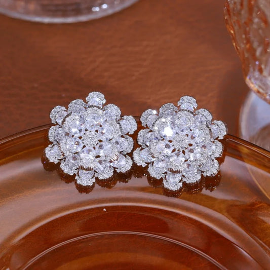 Korean 14K Gold Plated Zircon Flower Earrings - Luxury Elegant Jewelry for Women, Perfect for Weddings & Parties