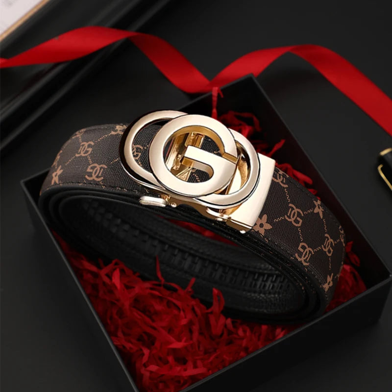 Men’s Genuine Leather Belt - Automatic Metal Alloy Buckle, Luxury Designer Waist Strap