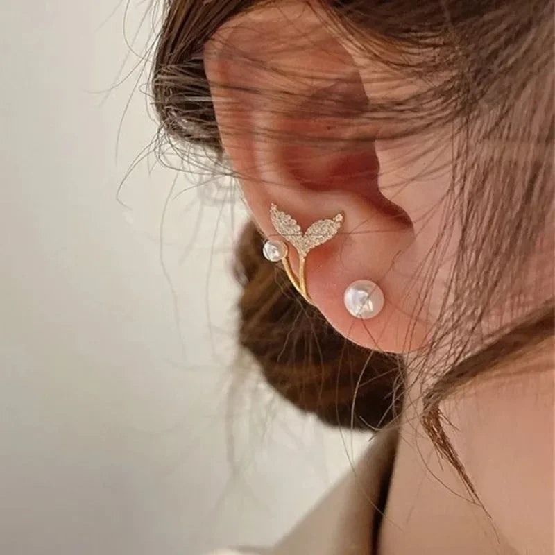 Korean Vintage Pearl & Crystal Earrings - Luxury Zircon Flower, Butterfly & Leaf Studs for Women