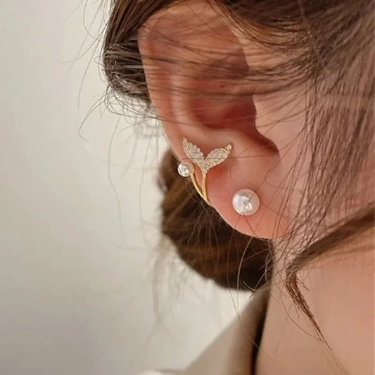 Korean Vintage Pearl & Crystal Earrings - Luxury Zircon Flower, Butterfly & Leaf Studs for Women