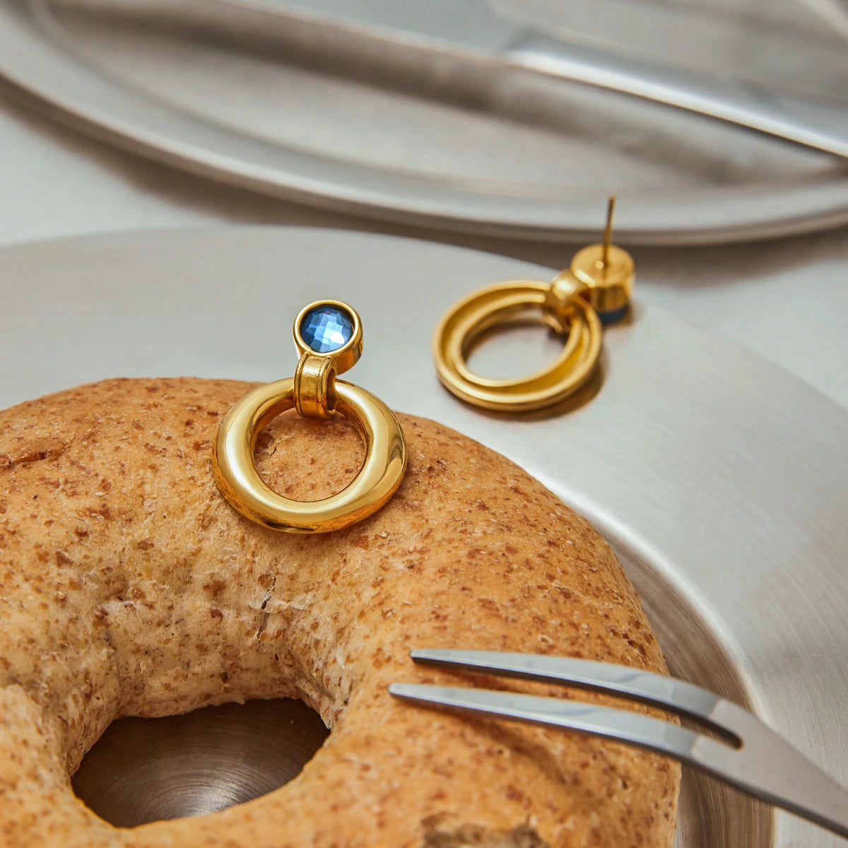 Youthway Blue Zirconia Hollow Round Stud Earrings - Luxury Stainless Steel Jewelry for Women, Elegant & Hypoallergenic