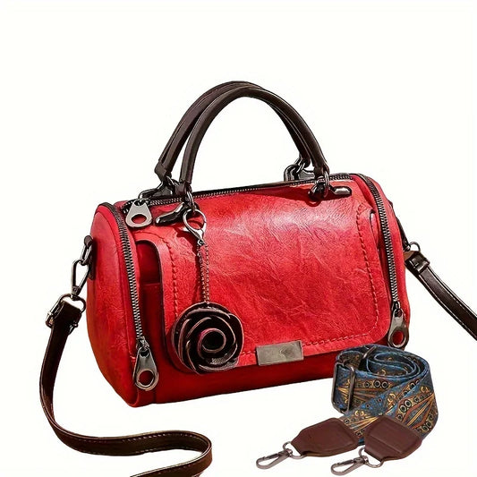 Heritage Bloom - Vintage Style PU Leather Boston Satchel