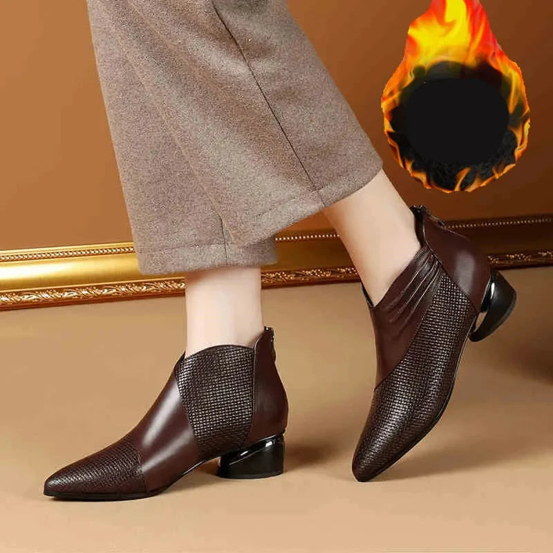 Luxury Women’s Leather Ankle Boots - Pointed Toe Low Heel Sneakers for Autumn Office & Casual Wear